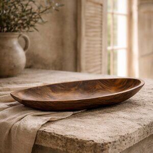 Large Vintage Carved Wood Rustic Canoe Tray Bowl